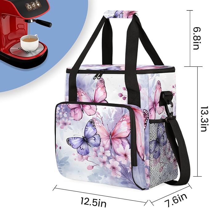 Retro Butterfly Coffee Maker Carrying Bag Watercolor Butterfly Travel Storage Bag Compatible with K-Mini or K-Mini Plus Single Serve Coffee Brewer Carrying Case with Pockets &amp Shoulder Strap