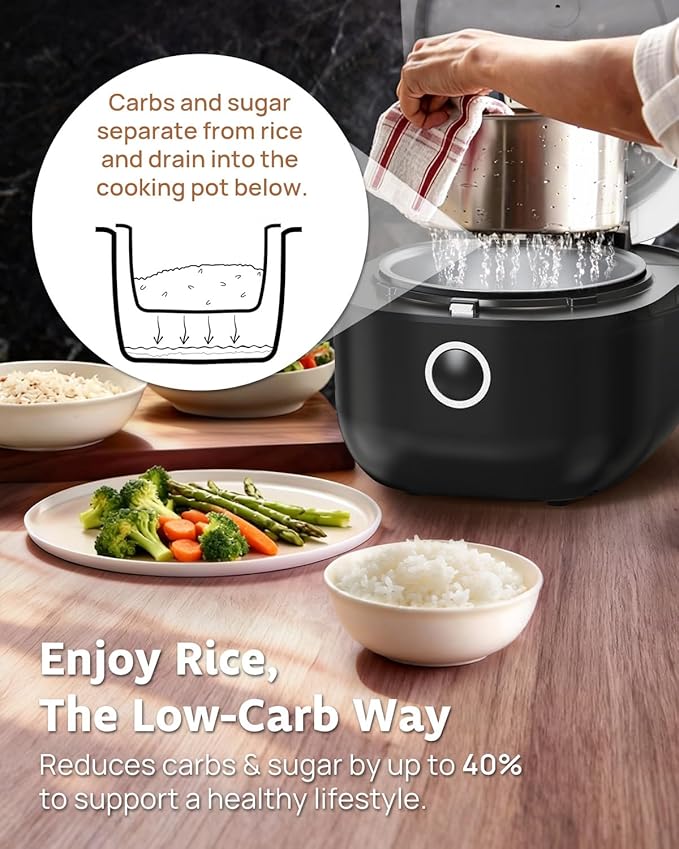YOKEKON Rice Cooker Stainless Steel Inner Pot PFAS-Free Dishwasher Safe Low Carb &amp Low Sugar Large Rice Cookers 8 Cup with Steamer Basket 24H Delay Timer and Auto Keep Warm FeatureBlack