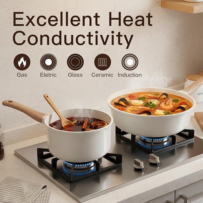 Pots and Pans Set Non Stick Non-Toxic 22 Pcs Ceramic Cookware Sets Nonstick Kitchen Pot&ampPan With Lid Cream White Granite Induction Compatible with Glass Lids Crepe Frying Pan PFOA/PFOS-Free