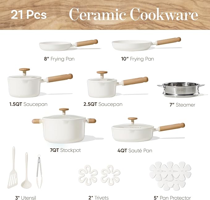 CAROTE Ceramic Cookware Set Nonstick 21pcs Pots and Pans Set Nonstick Non-Toxic &amp PFAS-Free Dishwasher RV/Camping Cookware Set Cooking Pots with Lids Charcoal Black Cream