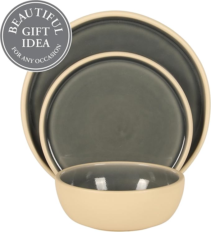 Gibson Elite - Made in Portugal - Port Gaia 12 Piece (Service for 4) Plates and Bowls Reactive Glaze Dishes Stoneware Ceramic Dinnerware Set - Blue