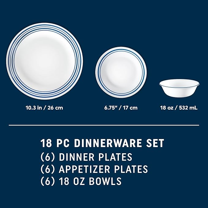 Corelle Vitrelle 18 Piece Glass Dinnerware Sets Service for 6 Triple Layer Chip &amp Crack Resistant Glass Plate and Bowl Sets Laila