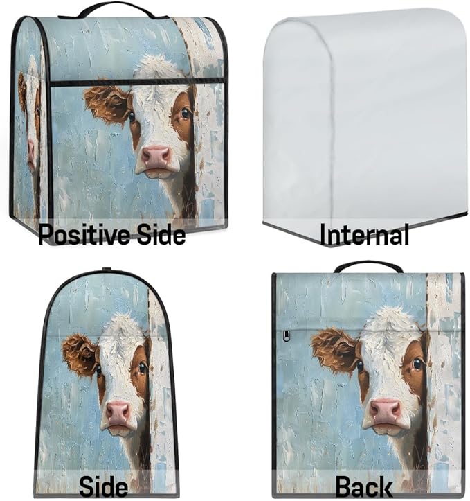 Kitchen Aid Mixer Cover Oil Painting Funny Cows Stand Mixer Cover Compatible with 6-8 Quarts Stand Mixers Dust Covers with Zipper Pocket Foldable Washable Kitchen Aid Organizer Bag