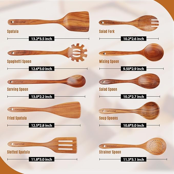 Wooden Spoons for Cooking Wooden Utensils for Cooking Natural Teak Wooden Kitchen Utensils Set Comfort Grip (10 PCS SET)