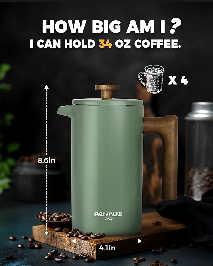 POLIVIAR French Press Coffee Maker 34 oz Coffee Press with Real Wood Handle Double Wall Insulation &amp Dual-Filter Screen Food Grade Stainless Steel for Good Coffe and Tea (Flatland)