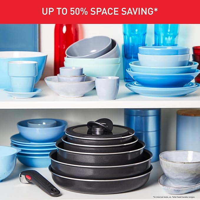 Tefal Ingenio Easy On 10 Piece Set Pots &amp Pans Set Stackable Easy Cleaning Non-Stick Coating Removable Handle Heat Indicator All Hobs Compatible Except Induction L1599143