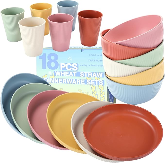 18PCS Wheat Straw Dinnerware Sets Unbreakable Reusable Dinnerware Set for 6 Microwave Dishwasher Safe Dinnerware Dinner Outdoor Camping Dishes