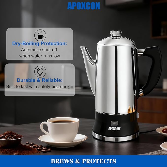Electric Coffee Percolator Stainless Steel Coffee Maker with Tough Glass Knob Classic Coffee Pot with On/OFF Switch Keep Warm &amp Cordless Serve No Aluminum (12 Cup)