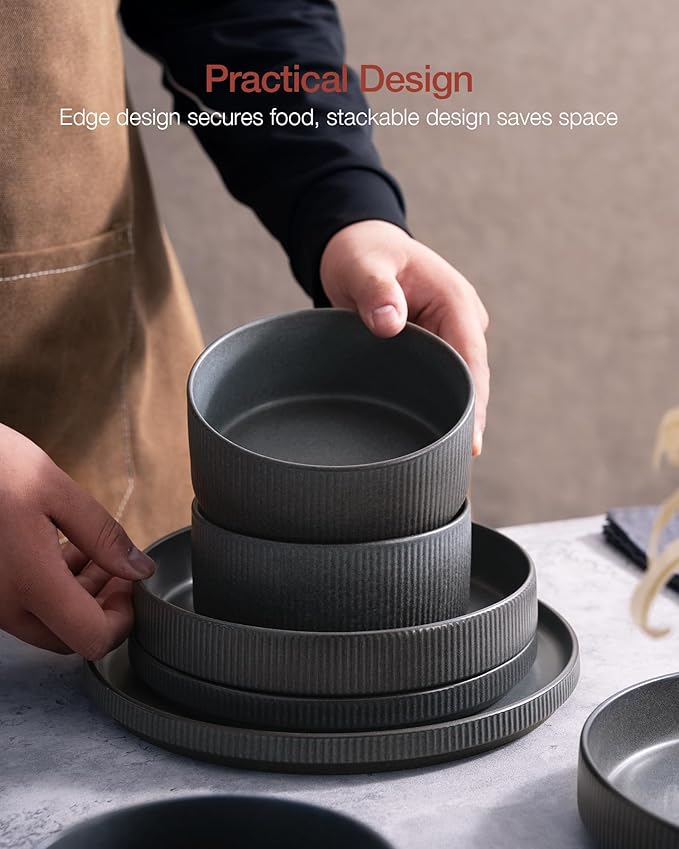 Famiware Star Dinnerware Set with Plates and Bowls Service for 6 (24-Piece) Stoneware Kitchen Dishes Dinner Sets - Matte Dark Charcoal