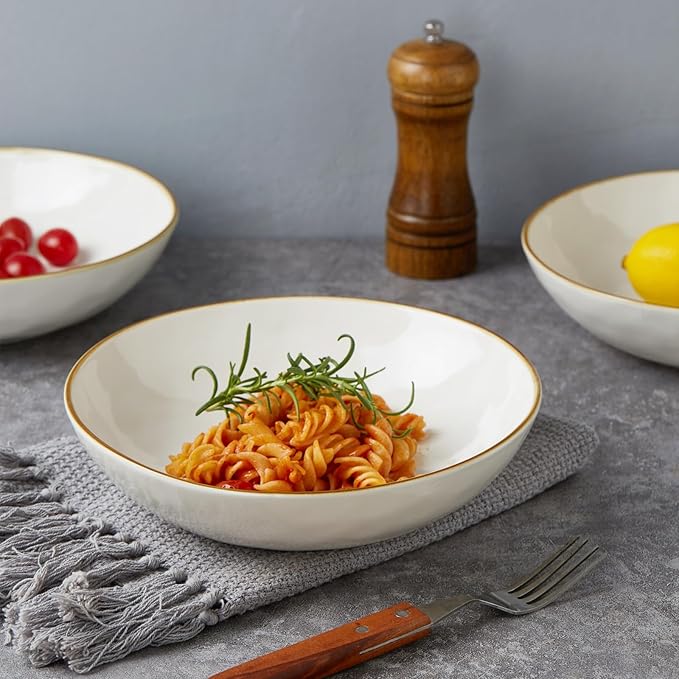 Famiware Ocean Round Plates and Bowls Sets for Kitchen 16-Piece Dinnerware Sets for 4 Microwave and Dishwasher Safe Vanilla White