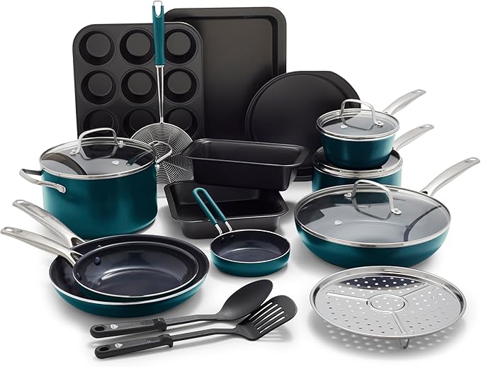 Blue Diamond 20 Piece Cookware and Bakeware Set Diamond Infused PFAS-Free Ceramic Nonstick Pots and Pans Durable Nontoxic Metal Utensil Safe &amp Scratch Resistant Dishwasher &amp Oven Safe Gree