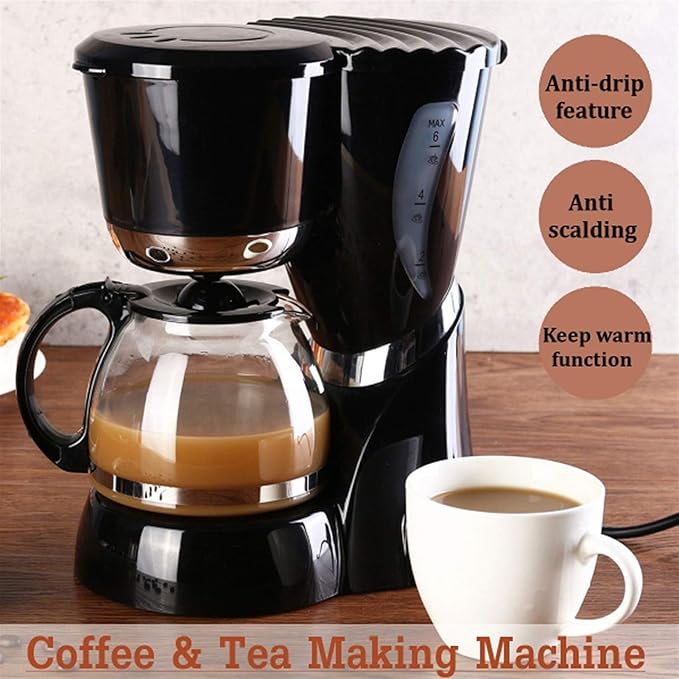 Household Electric Coffee Maker 600ml - Drip Pot for 4-6 Cups | Black Kitchen Appliance