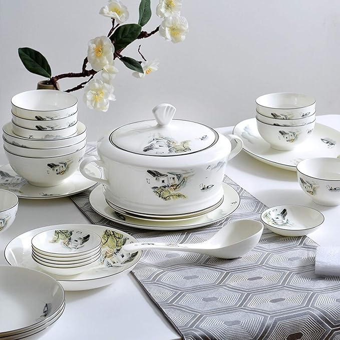 Ceramics Dinnerware Sets Porcelain Cereals Bowls/Steak Plates/Soup Pot | 50 Pieces Chinese Style Bone China Dinner Combination Set For Wedding Gifts