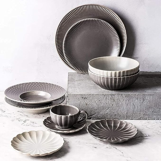 Dinner SetCeramics Dinner Sets Cereals Bowl &amp Coffee Cup and Saucer &amp Plate | 23 Pieces Vintage Relief Porcelain Dinnerware Set for Wedding Gifts and Restaurant