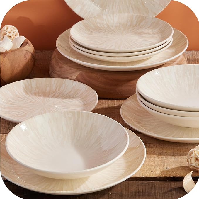 Corona 12-Piece Light Sandy Beige Ceramic Dinnerware Sets Plates and Bowls Service For 4 Nyssa