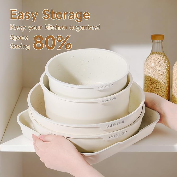 JEETEE 25pcs Pots and Pan Set Non StickDetachable Handle Cookware SetInduction Cooking &amp RV Camping Stackable Pots PansHealthy Kitchen Cookware Set PFAS/PFOA Free Beige