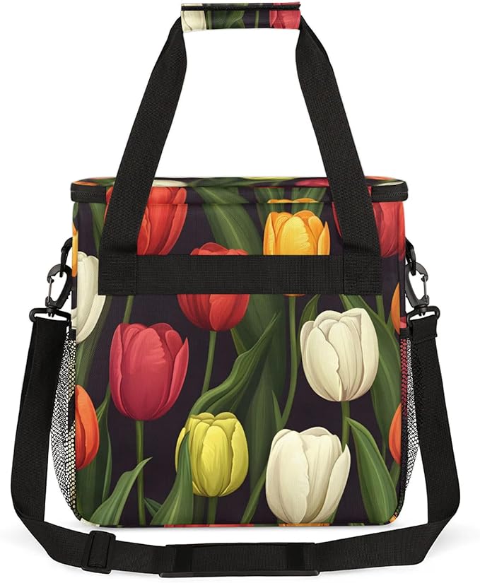 Flower Tulip Theme Coffee Maker Travel Bag for Keurig K-Mini/K-Mini Plus Insulated Waterproof Tote with Pockets for K-Cup Portable Single-Serve Brewer Case