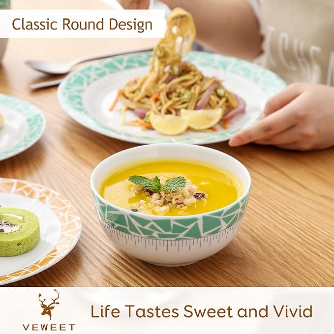 VEWEET Cecil Porcelain Dinner Service Set 16-Piece Crockery Set Includes 10.75 Inch Dinner Plates 7.5 Inch Dessert Plates 5.5 Inch Bowl and 380 ml Coffee Mug Complete Service for 4 People