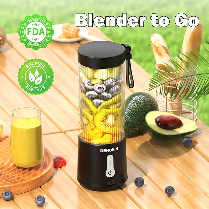 DENOKIN Portable Blender 16oz Vessel Cordless Personal Size Small Blender for Shakes and Smoothies with 6 Blade for Kitchen Home Travel