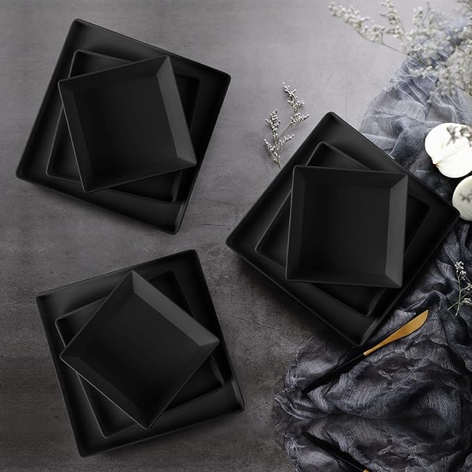 12 Piece Square Melamine Dinnerware Sets for 4 - Plastic Matte Black Plates and Bowls Sets Best for Indoor Outdoor Grill Holiday Party Camping BPA-Free Dishwasher Safe