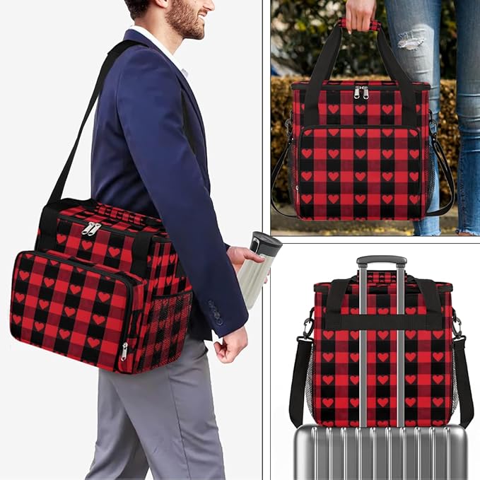 Valentine Heart Striped Plaid Coffee Maker Carrying Bag Coffee Machine Travel Storage Bag Compatible with K-Mini or K-Mini Plus Portable Single Serve Coffees Brewer Case with Pockets for K-Cup Pods