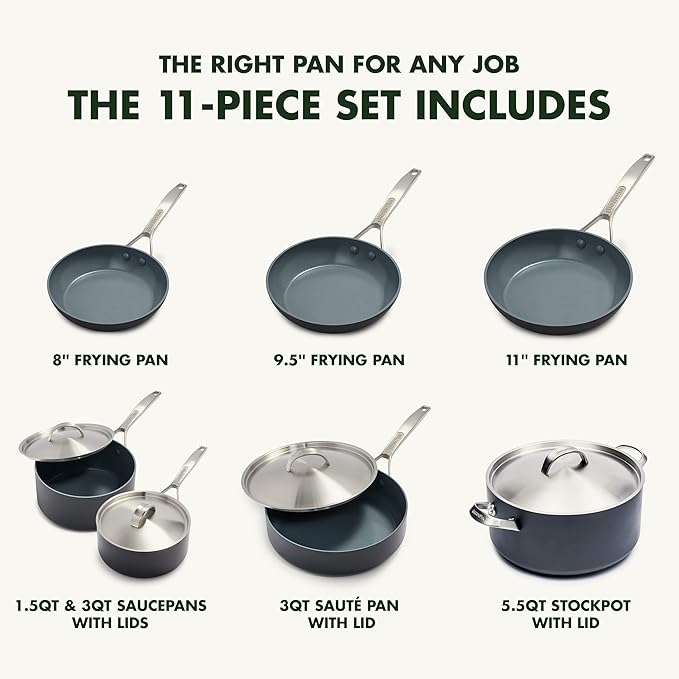 GreenPan Paris Pro Hard Anodized Healthy Ceramic Nonstick 11 Piece Cookware Pots and Pans Set with Stainless Steel Lids PFAS-Free Dishwasher Safe Grey