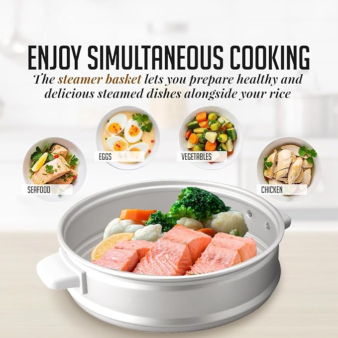 OVENTE Electric Rice Cooker and Food Steamer – 10-Cup Cooked Capacity (5 Cups Uncooked) Nonstick Removable Pot Keep Warm Function Steaming Basket Measuring Cup &amp Spatula Included White RCS01W