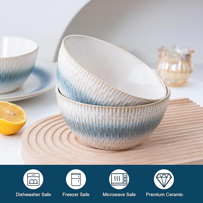 12 Pieces Ceramic Dinnerware Sets Handmade Reactive Glaze Plates and Bowls Sets Stoneware Set Dishwasher &amp Microwave Safe Dishes set Blue Relievo