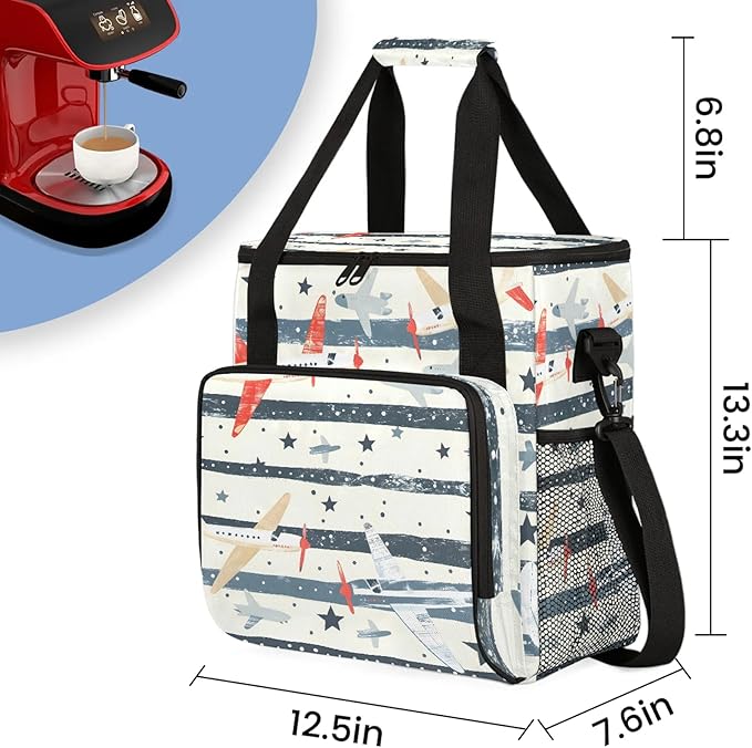 Cute Airplane Coffee Maker Carring Bag Large Insulated Storage Organizer Case Tote Bags with Shoulder Strap for Travel Work Picnic