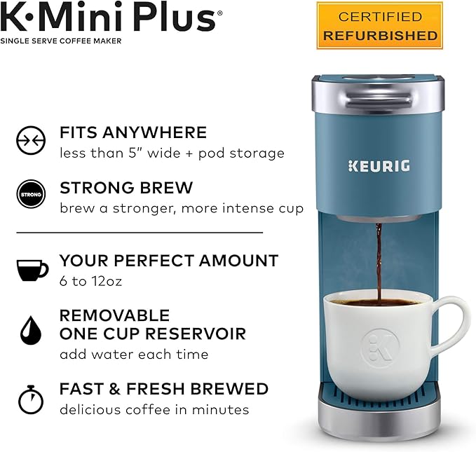 Keurig K-Mini Plus Coffee Maker Certified Refurbished Single Serve K-Cup Pod Coffee Brewer Comes With 6 to 12 oz. Brew Size K-Cup Pod Storage and Travel Mug Friendly Evening Teal (Renewed)