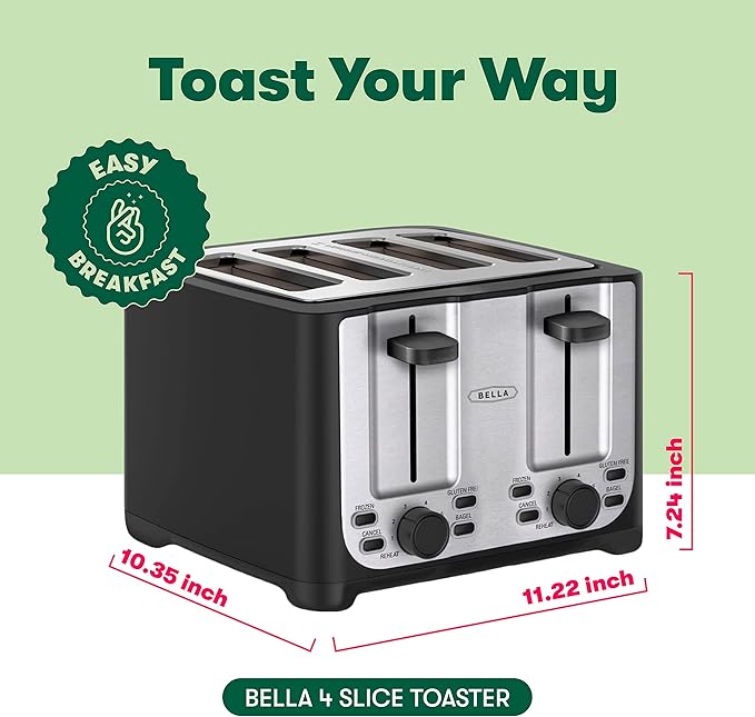 bella 4 Slice Toaster with Auto Shut OffExtra Wide Slots &amp Removable Crumb Tray and CancelDefrost &amp Reheat FunctionToast Bread-&amp BagelBlack(Pack of 2)