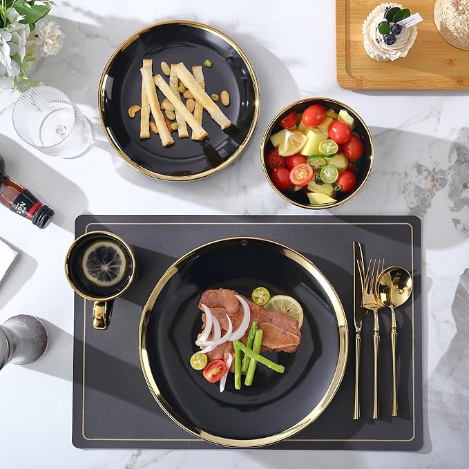 16-Piece Black and Gold Dinnerware Set for 4 Elegant Porcelain Plates and Bowls Set with Golden Rim Modern Luxury Tableware Service Complete Dish Set for Home Dining and Gifts