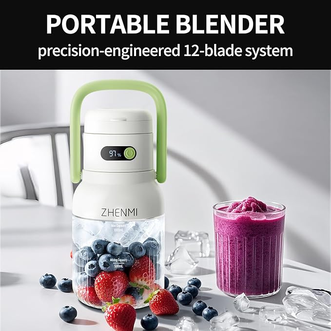 Portable Blender 1000ml Capacity Stainless Steel 12-Blade System Portable Ice Crushing Juicer-for Shakes &amp Smoothies BPA Free 2 Leakproof-Lids &amp Straw USB Rechargeable (green)