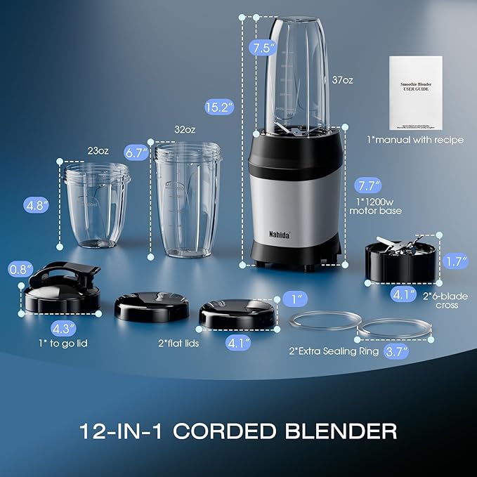 Nahida Blender for Smoothies 1200W Smoothie Blender for Ice Crushing Blenders with (2) 6-Fin Blades Personal Blenders for Kitchen with 23oz 32oz 37oz Easy Go Cups for Juices Silver