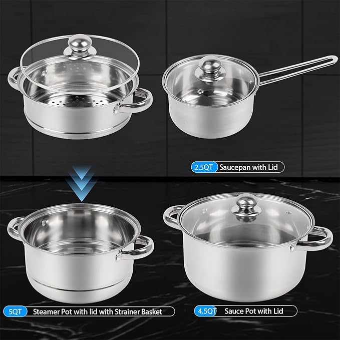 Pots and Pans Set Stainless Steel Cookware Set 7 Piece Induction Ready Kitchen Cooking Set Includes Saucepans Stockpot Steamer &amp Strainer Basket Glass Lids Dishwasher &amp Oven Safe 500F