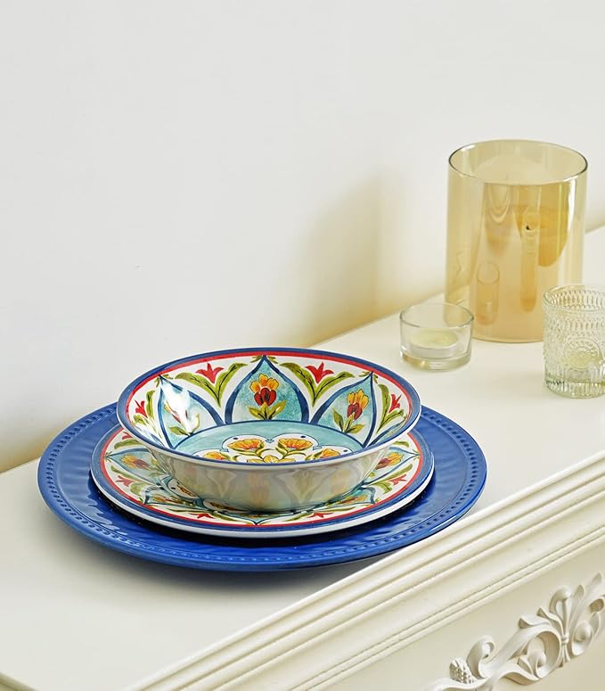 Melamine Dinnerware Sets 12Pcs Durable Plates and Bowls for 4 Lightweight Dishes Dinnerware Sets for Indoor and Outdoor Use Dishwasher Safe BPA free (Retro Style)