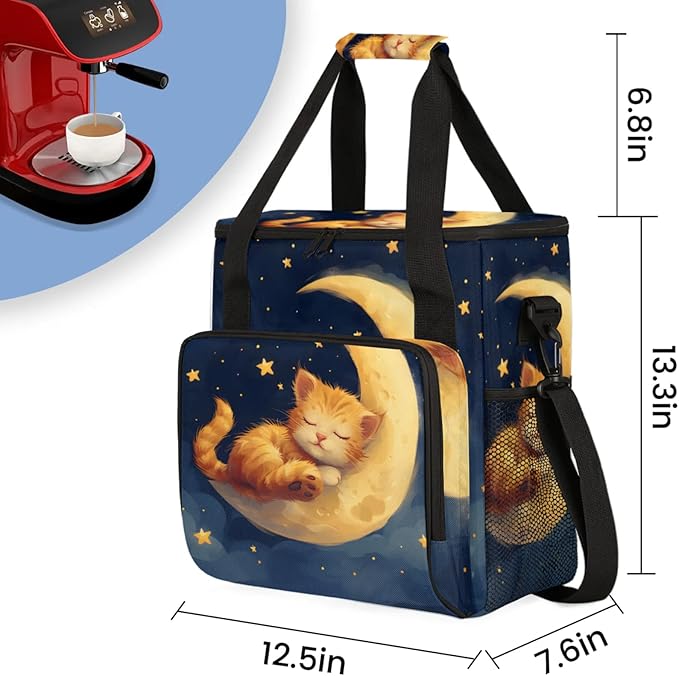 Cat Star Moon Coffee Maker Travel Bag for Keurig K-Mini/K-Mini Plus Insulated Waterproof Tote with Pockets Portable Single-Serve Brewer Case