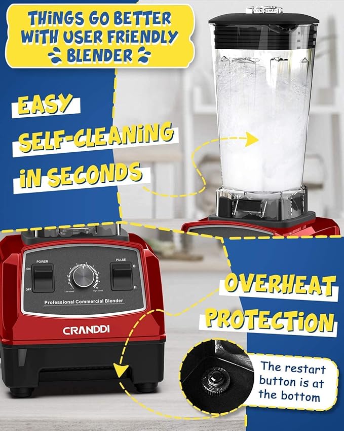 CRANDDI Professional Blender1500 Watt Commercial Blenders for Kitchen with 70oz Capacity and Self-Cleaning Classic Blenders for Shakes and Smoothies Build-in Pulse YL-010-R