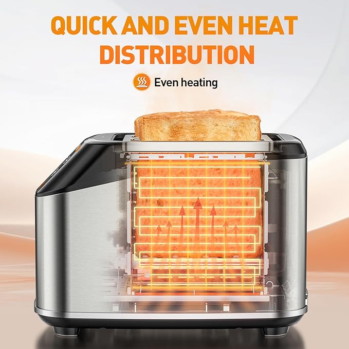 Secura 2 Slice Toaster Fully Automatic Digital Stainless Steel Toaster with Countdown Timer &amp Keep Warm Function 6 Browning Levels Bagel/Defrost/Reheat/Single-Slice Modes Removable Crumb Tray