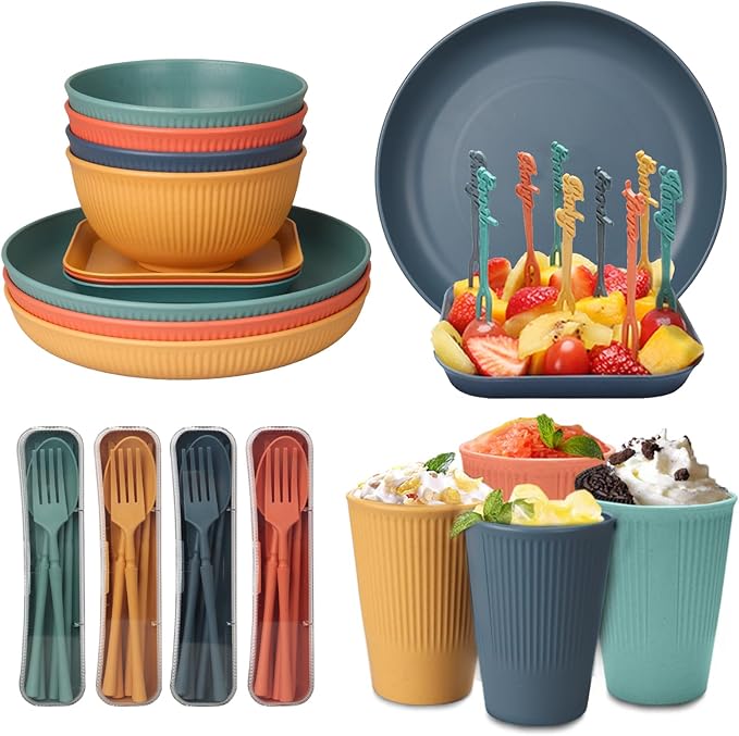 48 Pcs Dinnerware Sets Unbreakable Plates and Bowls Sets Reusable Dinnerware Sets for 4 People Travel Camping Picnic Home Party Cutlery Set Dishwasher Microwave Safe Dishes