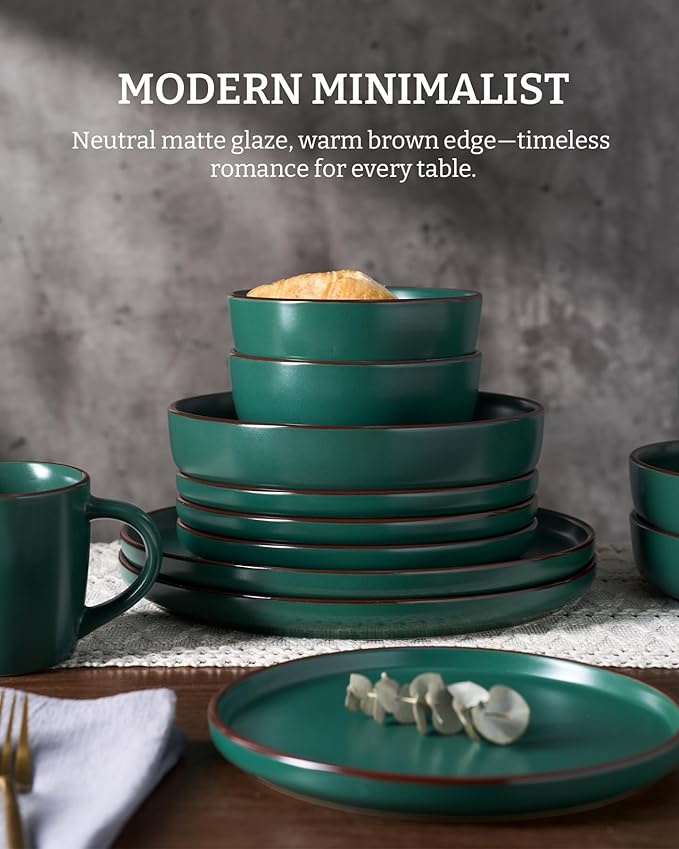 Famiware Mercury Plates and Bowls Sets 18 Pieces Stoneware Dinnerware Sets Dishes Set for 6 Microwave and Dishwasher Safe Dark Green