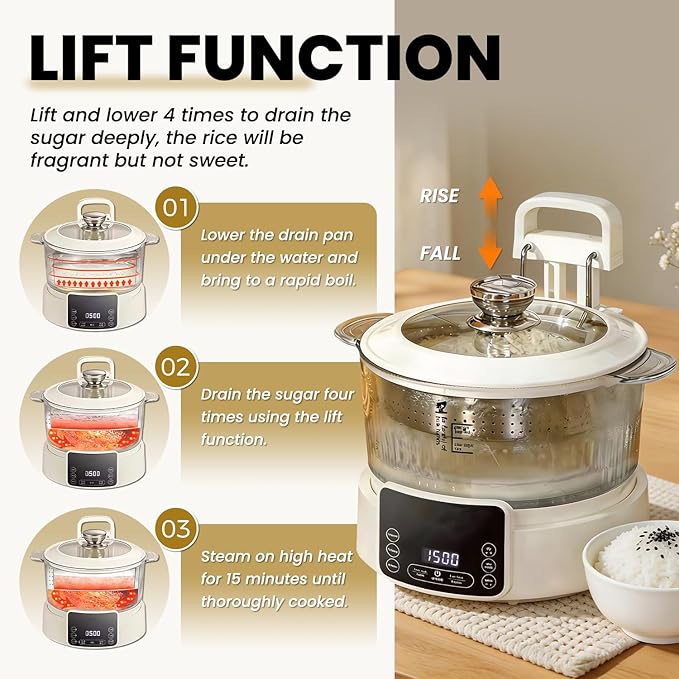 Low Carb Rice Cooker Multifunction Smart Rice Cooker Transparent and Visible food Steamer with Auto Lift Filter Basket (3L)