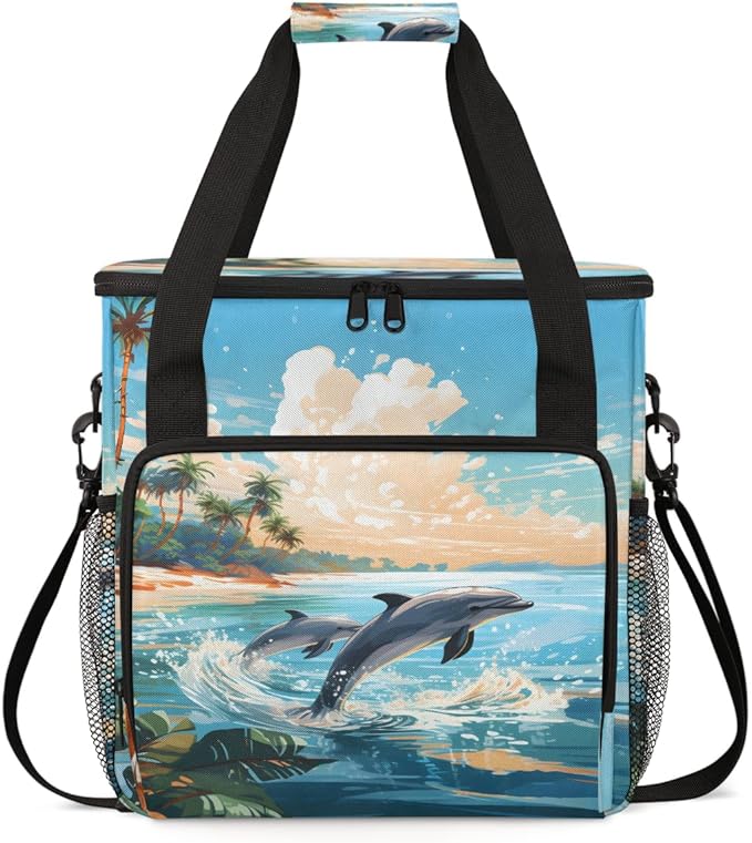 Dolphin Coffee Maker Carrying Bag Coconut tree Portable Travel Storage Tote Bag Compatible with K-Mini or K-Mini Plus Single Serve Coffee Brewer Carrying Case with Multiple Pockets &amp Shoulder St