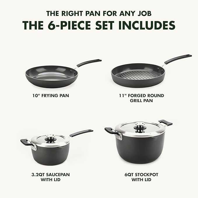 GreenPan Levels Stackable Hard Anodized Healthy Ceramic Nonstick 6 Piece Cookware Pots and Pans Set PFAS-Free Dishwasher Safe Black