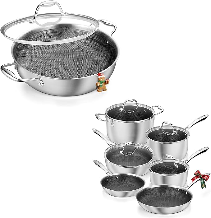 KOCH SYSTEME CS Triply Stainless Steel Cookware Set 10 Piece &amp Saute Pan 12 Inch Kitchen Cookware Set with Honeycomb Interior 18/10 Steel Induction Compatible