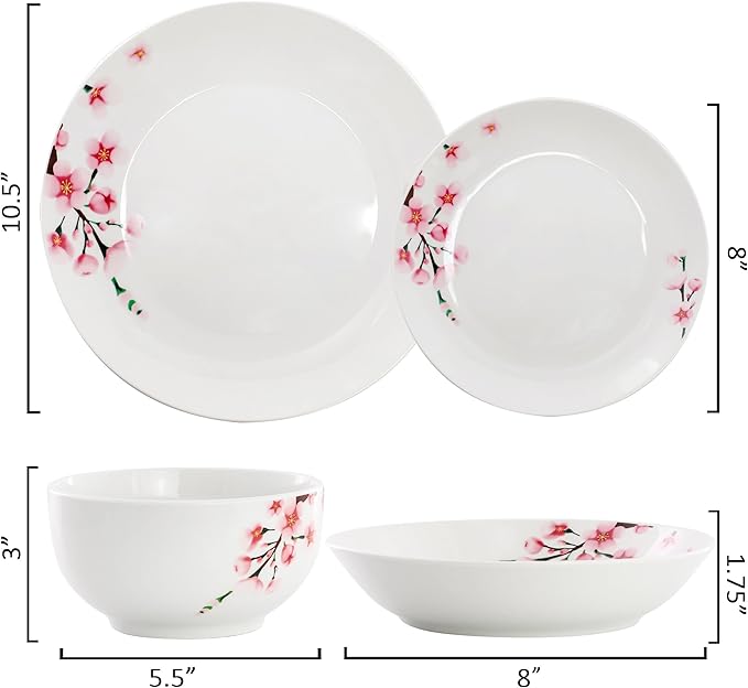 Elama Tamara 16 Piece Cherry Blossom Porcelain Dinnerware Set Service for 4 in White and Pink