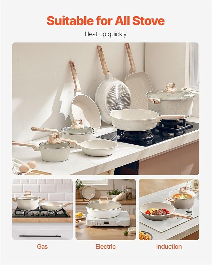19 Piece Pots and Pans Set - Nonstick Granite Cookware - Induction Ready - Kitchen Cookware Set - White