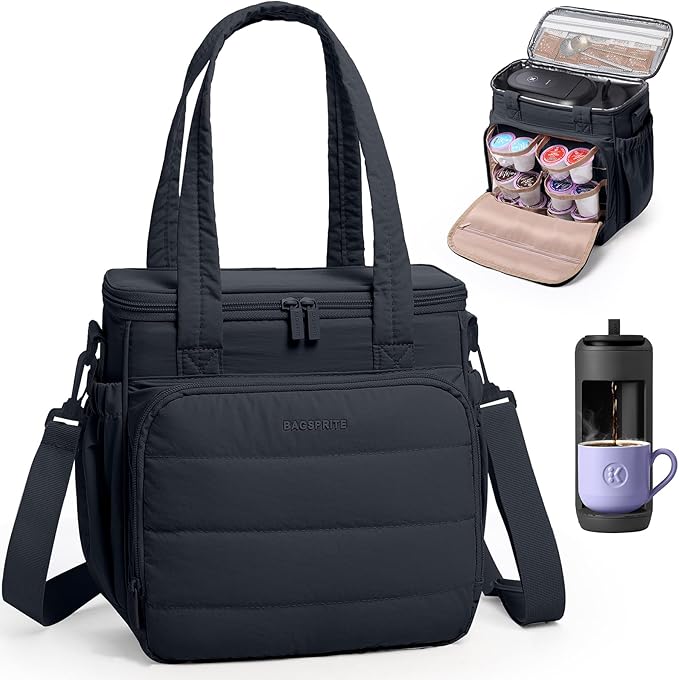 BAGSPRITE Coffee Maker Travel Bag Compatible with Keurig K-Mini Mate Carrying Case for K-Cup Single Serve Coffee Maker Portable Coffee Maker Case with Pod Organizer Mug Pockets &amp Shoulder Strap