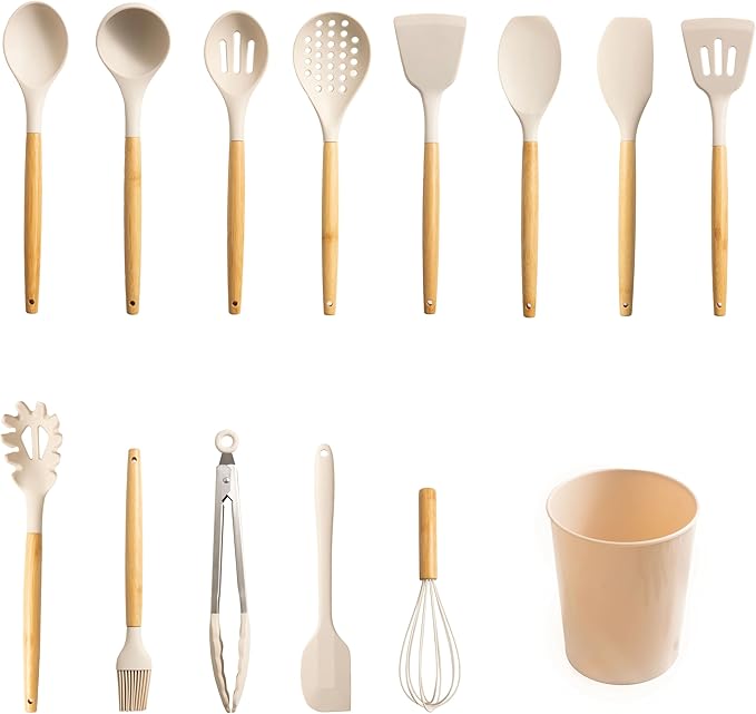 14-Piece Silicone &amp Bamboo Cooking Utensil Set Food-Grade Cooking Tools with Wood Handles Scratch-Free for Nonstick Cookware Heat Resistant Easy Clean Dishwasher Safe