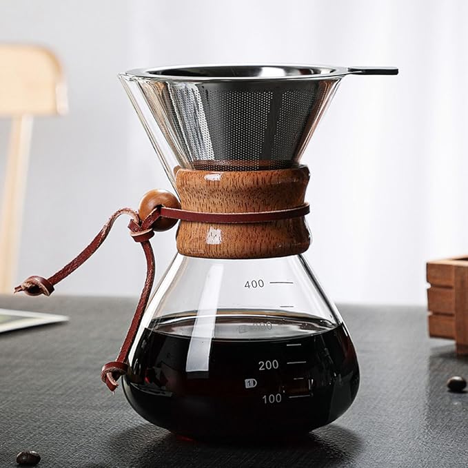 Keenso Pour Over Coffee Maker Glass Carafe with Wooden Sleeve 400ml Manual Coffee Brewer for Home Cafe and Gift